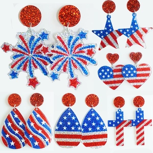 Patriotic Independence Day American Flag Earrings Glitter Acrylic Firework Star Heart Cross USA Pendant Drop Earrings Festival Party Jewelry For Women
