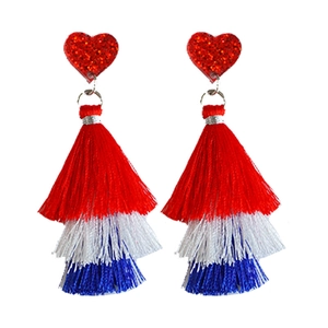 Patriotic red heart and triple layered red white blue fringe tassel dangle earrings