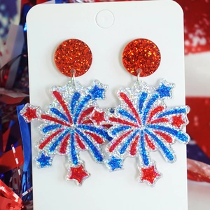 Detail of red and blue fireworks glitter earrings for Independence Day celebration