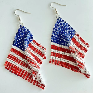 Red white and blue American flag sequin mesh dangle earrings with silver hooks