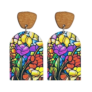 Ethnische Holz-Ohrhänger mit buntem Glasblumen-Muster im Retro-Stil für Damen