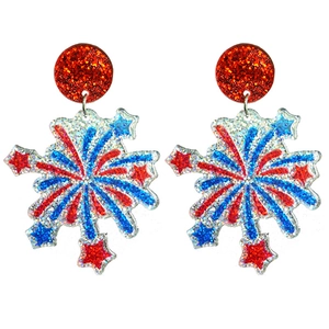 Detailed view of red, blue and silver glitter patriotic firework drop earrings