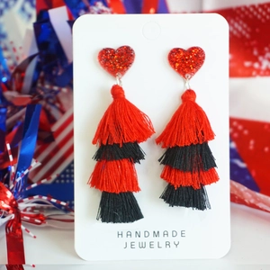 Handmade heart earrings with red glitter and four-tier red and black silk tassels