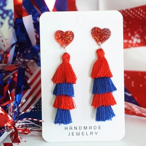 Patriotic red and blue multi-layer fringe heart earrings for Independence Day celebration