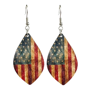 Boucles d'oreilles bohèmes en bois goutte d'eau avec motif drapeau américain vintage