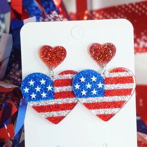American flag heart earrings with red white and blue glitter for patriotic parties