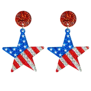 Sparkly Independence Day star earrings with American flag pattern and red glitter studs