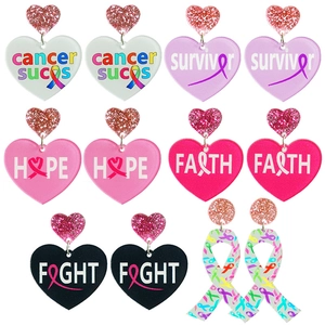 Acrylic Heart Dangle Earrings For Women Pink Ribbon Breast Cancer Awareness Hope Faith Survivor Charity Jewelry