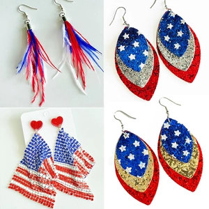 Independence Day US Flag Drop Earrings For Women Feather Sequin Leather Metal Mesh Star Striped Dangle Patriotic Jewelry