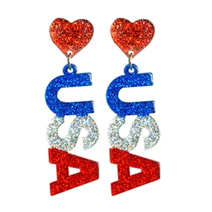 Detail of USA glitter dangle earrings with patriotic red heart and sparkling letters