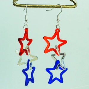 Detail of red white and blue acrylic star earrings with triple interlinked rotating stars