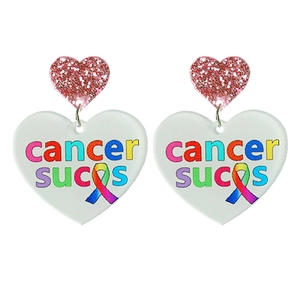 Detailed macro view of heart acrylic earrings featuring cancer sucks text and ribbon