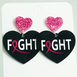Pink glitter and black acrylic heart earrings with Fight text for cancer awareness