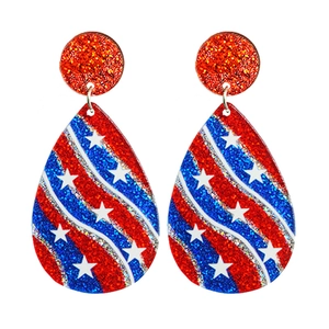 Detail of teardrop earrings with American flag glitter stripes and white star patterns