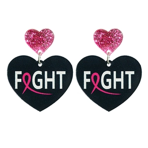 Detailed view of heart-shaped acrylic earrings with pink ribbon and Fight text
