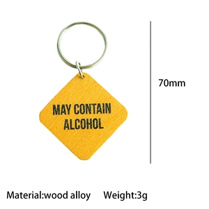Diamond-shaped wood keychain with 'MAY CONTAIN ALCOHOL' text and size dimensions