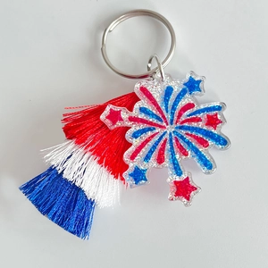 Patriotic tassel keychain with red white blue colors and glittery star acrylic pendant