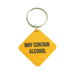 Diamond shaped yellow wooden keychain with humor text MAY CONTAIN ALCOHOL for drinks lovers