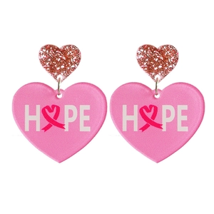 Pink heart acrylic earrings with Hope text and pink ribbon for cancer awareness