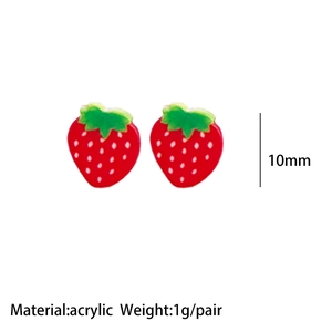 Detail of red strawberry acrylic stud earrings showing 10mm size and 1g weight