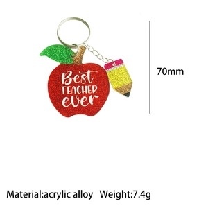 Detail of red glitter apple keychain for teachers with dimensions and material specs