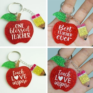 Glitter Acrylic Apple And Pencil Keychain Best Teacher Ever Quotation Keyring For School Graduation Teacher Appreciation Gift
