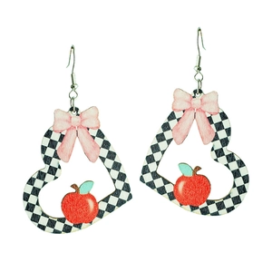 Orecchini a cuore a scacchi con fiocco rosa e motivo mela regalo per insegnante