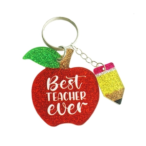 Glittering red apple and pencil keychain set with Best Teacher Ever engraving for gifts