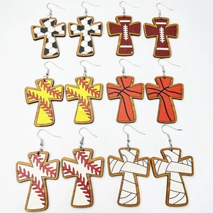 Set of 6 sports themed wooden cross earrings with basketball and baseball textures