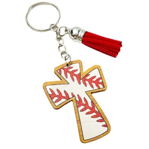 Baseball themed wood cross keychain with red tassel and silver metal ring for women
