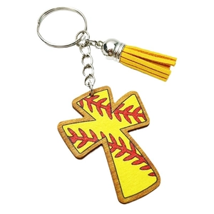 Yellow wooden cross keychain with baseball pattern and matching leather tassel decor