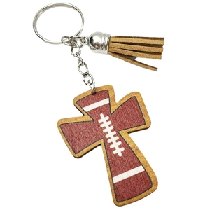 Rugby football wood cross keychain with brown tassel and silver metal ring for women