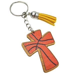 Vintage basketball cross wooden keychain with yellow leather tassel and metal ring