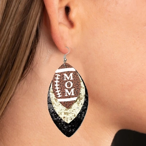 Three-layer leather football mom earrings with gold and black glitter leaf pendants