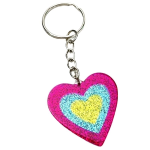 Retro heart cassette keychain with colorful glitter sequins and silver metal ring