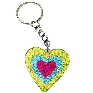 Colorful layered heart keychain with fluorescent glitter and silver metal ring