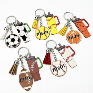 Wood Sport Mom Keychain Basketball Football Soccer Softball Mom Gifts Mini Cup Shape Wooden Keyring Leather Tassel Bag Charm