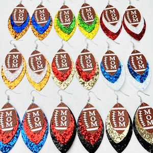 Football MOM Three Layer PU Leather Glitter Teardrop Dangle Earrings Sporty Team Spirit Cheerleading Jewelry For Women