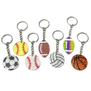 Porte-clés de sport en acrylique pailleté comprenant football, basket-ball et volley-ball