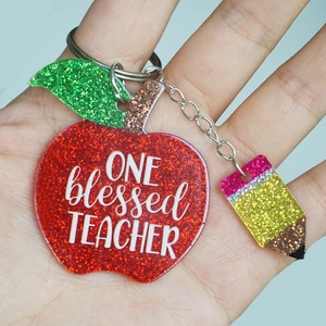 Sparkly apple acrylic keychain with pencil charm for teacher gift appreciation