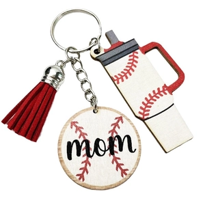 Baseball mom keychain set with red tassel and wood tumbler charms on white background