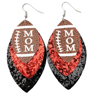 Detail of three-layer leather teardrop earrings with Football Mom text and red glitter