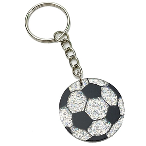 Porte-clés de football en acrylique pailleté avec anneau argenté et motif noir et blanc