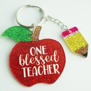 Sparkly red apple keychain with pencil charm for teacher gift with glitter finish