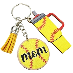 Softball sports mom keychain featuring yellow leather tassel and wooden ball pendant