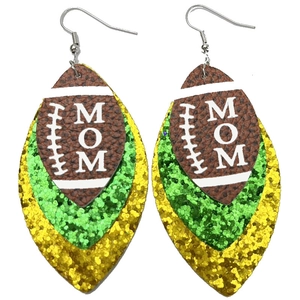 Rugby Football Mom leather leaf earrings with layered green and gold glitter design