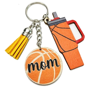 Mom keychain set with basketball charms, yellow leather tassel and stainless ring