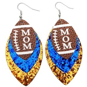 Glittery football mom teardrop earrings with layered faux leather and blue sequins