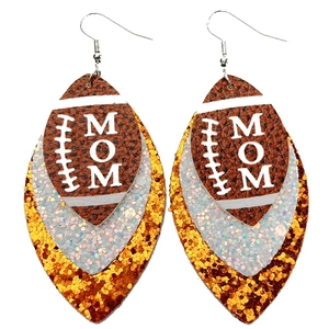 Detail of multi-layer teardrop rugby MOM earrings with glitter and faux leather texture