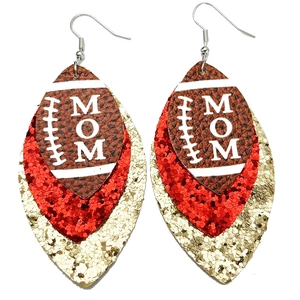 Three-layer faux leather football mom teardrop earrings with red and gold glitter